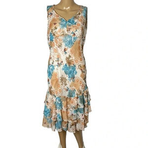 Vtg,80’s floral,tiered,ruffle dress,sz 4P to 6P empire waist,metallic specks,EC